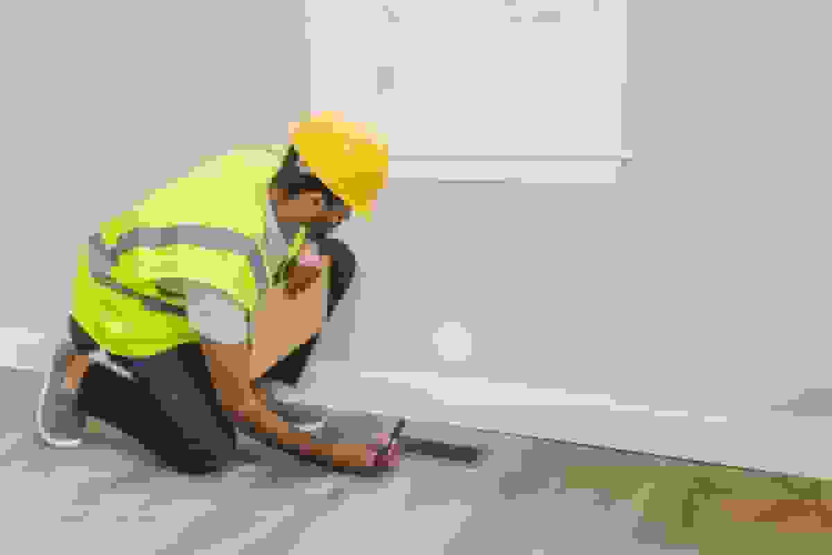 HVAC professional in a hardhat inspecting a vent
